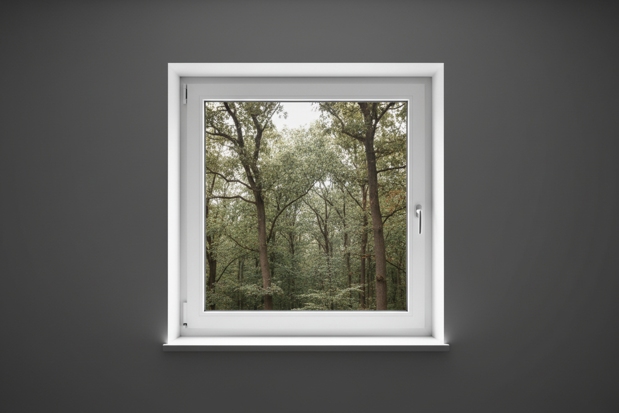 Crée une image d’une fenêtre 100 x 100, dans le même style que la photo fournie. La fenêtre blanche doit être intégrée dans un mur moderne, lisse et sombre, avec une vue sur une foret et poignée compris

La scène doit être photographiée de face, avec une perspective parfaitement droite, comme une photo d’architecture ou de produit.

La fenêtre doit avoir un cadre propre, moderne, et être bien mise en valeur par une lumière douce et naturelle. L’ambiance doit être premium, minimaliste et commerciale, blanche