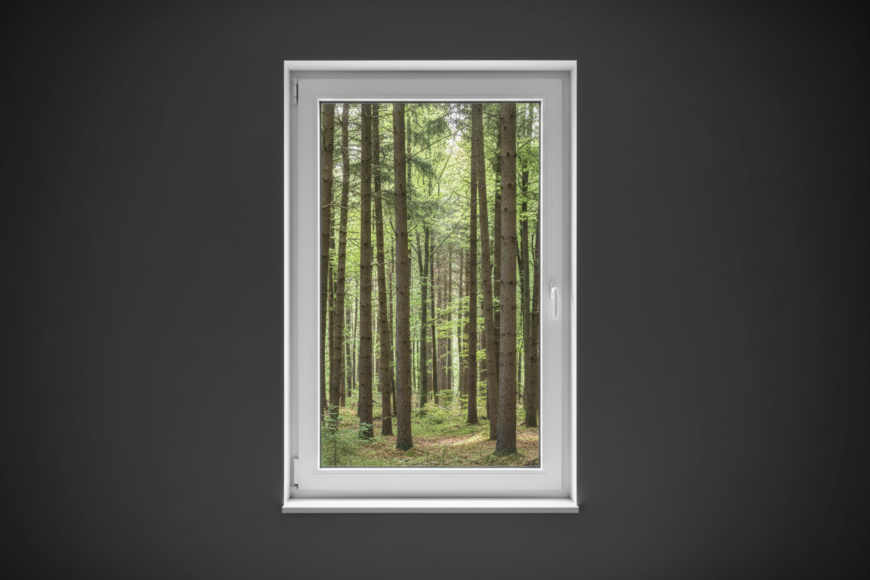 Crée une image d’une fenêtre 100 x 120, dans le même style que la photo fournie. La fenêtre blanche doit être intégrée dans un mur moderne, lisse et sombre, avec une vue sur une foret et poignée compris

La scène doit être photographiée de face, avec une perspective parfaitement droite, comme une photo d’architecture ou de produit.

La fenêtre doit avoir un cadre propre, moderne, et être bien mise en valeur par une lumière douce et naturelle. L’ambiance doit être premium, minimaliste et commerciale, blanche