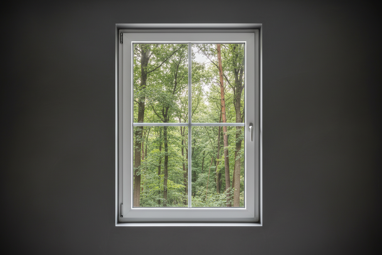 Crée une image d’une fenêtre 100 x 140, dans le même style que la photo fournie. La fenêtre blanche doit être intégrée dans un mur moderne, lisse et sombre, avec une vue sur une foret et poignée compris

La scène doit être photographiée de face, avec une perspective parfaitement droite, comme une photo d’architecture ou de produit.

La fenêtre doit avoir un cadre propre, moderne, et être bien mise en valeur par une lumière douce et naturelle. L’ambiance doit être premium, minimaliste et commerciale, blanche