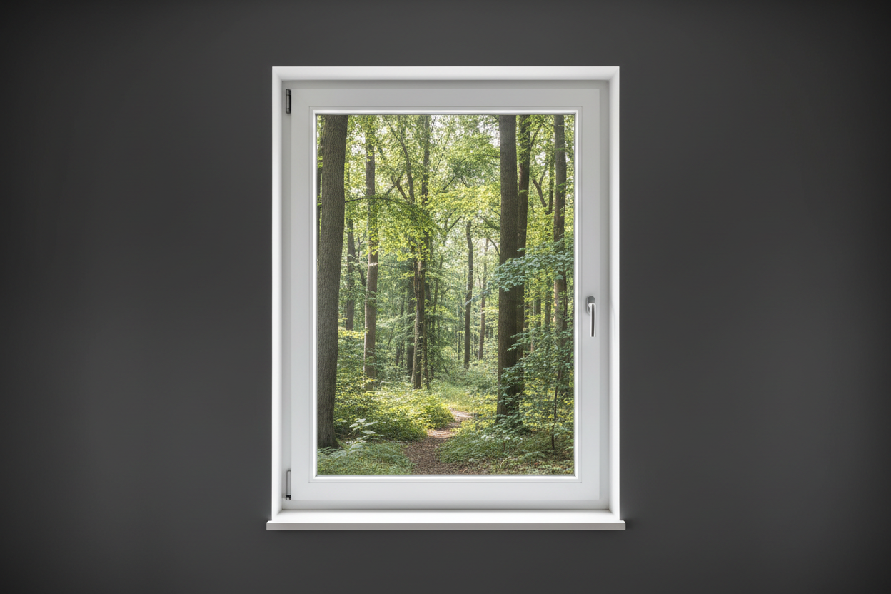 Crée une image d’une fenêtre 100 x 200, dans le même style que la photo fournie. La fenêtre blanche doit être intégrée dans un mur moderne, lisse et sombre, avec une vue sur une foret et poignée compris

La scène doit être photographiée de face, avec une perspective parfaitement droite, comme une photo d’architecture ou de produit.

La fenêtre doit avoir un cadre propre, moderne, et être bien mise en valeur par une lumière douce et naturelle. L’ambiance doit être premium, minimaliste et commerciale, blanche