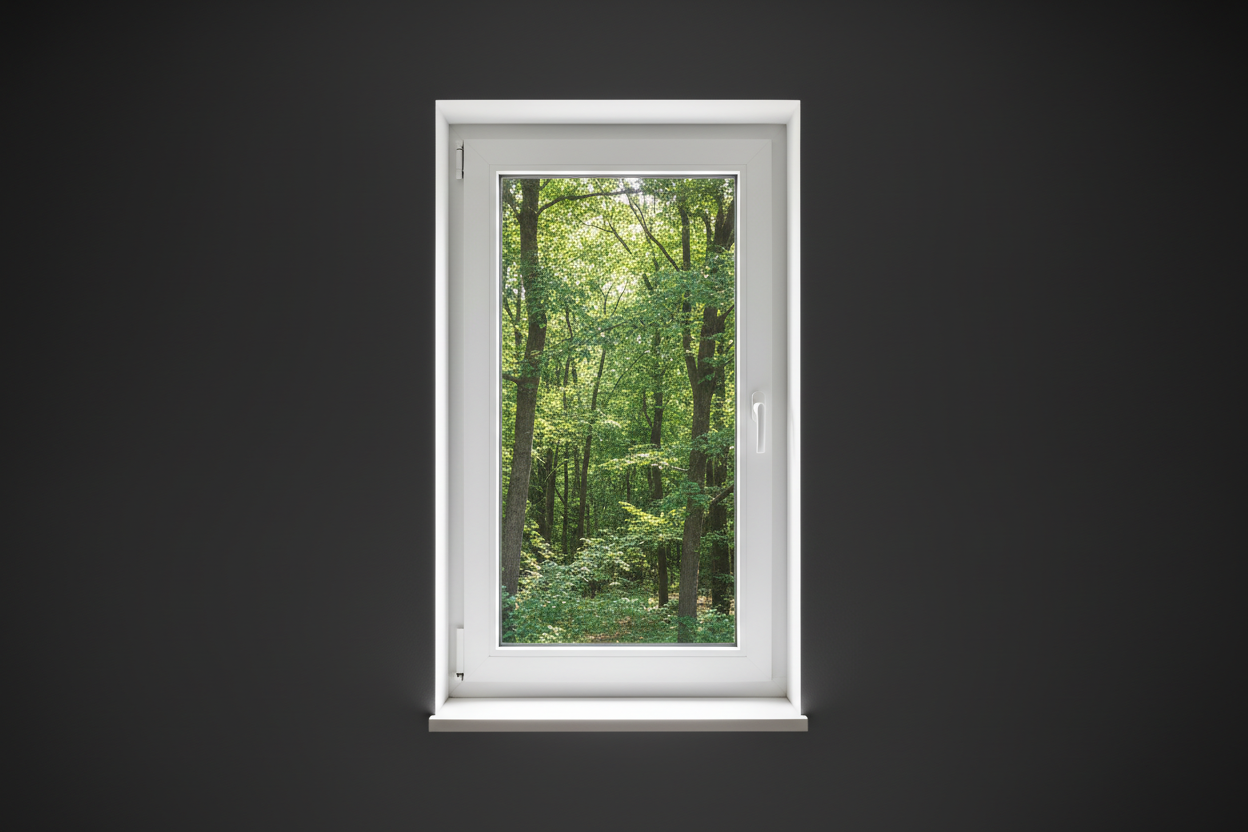 Crée une image d’une fenêtre 100 x 50, dans le même style que la photo fournie. La fenêtre blanche doit être intégrée dans un mur moderne, lisse et sombre, avec une vue sur une foret et poignée compris

La scène doit être photographiée de face, avec une perspective parfaitement droite, comme une photo d’architecture ou de produit.

La fenêtre doit avoir un cadre propre, moderne, et être bien mise en valeur par une lumière douce et naturelle. L’ambiance doit être premium, minimaliste et commerciale, blanche