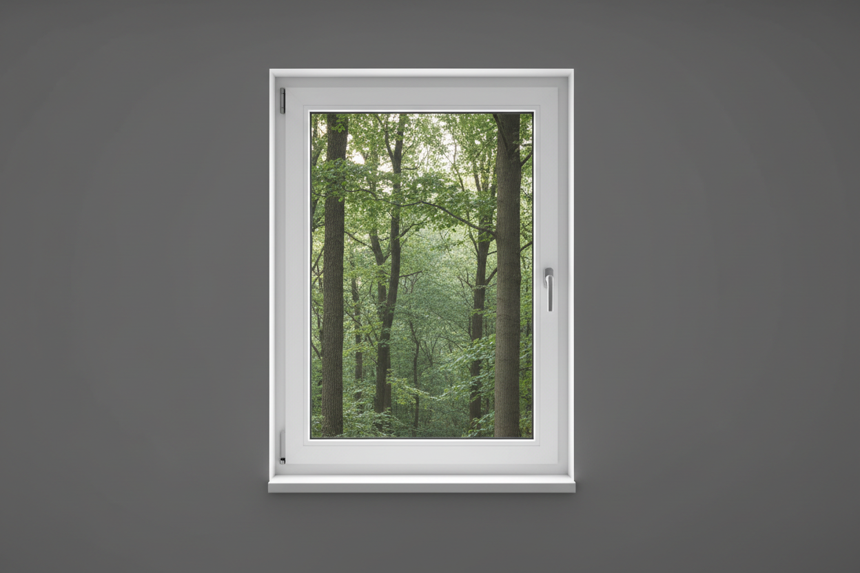 Crée une image d’une fenêtre 100 x 60, dans le même style que la photo fournie. La fenêtre blanche doit être intégrée dans un mur moderne, lisse et sombre, avec une vue sur une foret et poignée compris

La scène doit être photographiée de face, avec une perspective parfaitement droite, comme une photo d’architecture ou de produit.

La fenêtre doit avoir un cadre propre, moderne, et être bien mise en valeur par une lumière douce et naturelle. L’ambiance doit être premium, minimaliste et commerciale, blanche