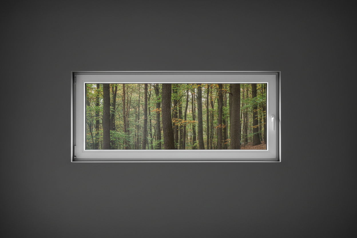 Crée une image d’une fenêtre 100 x 70, dans le même style que la photo fournie. La fenêtre blanche doit être intégrée dans un mur moderne, lisse et sombre, avec une vue sur une foret et poignée compris

La scène doit être photographiée de face, avec une perspective parfaitement droite, comme une photo d’architecture ou de produit.

La fenêtre doit avoir un cadre propre, moderne, et être bien mise en valeur par une lumière douce et naturelle. L’ambiance doit être premium, minimaliste et commerciale, blanche
