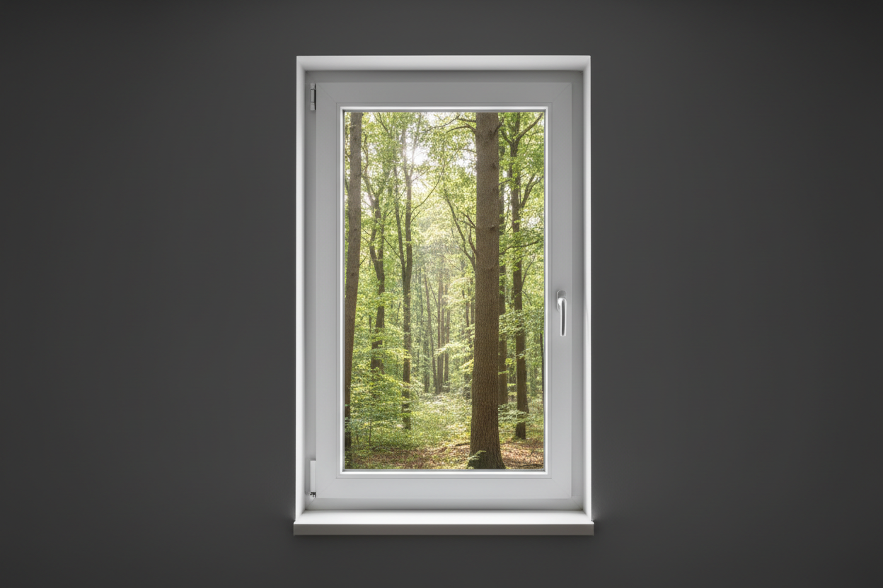 Crée une image d’une fenêtre 100 x 80, dans le même style que la photo fournie. La fenêtre blanche doit être intégrée dans un mur moderne, lisse et sombre, avec une vue sur une foret et poignée compris

La scène doit être photographiée de face, avec une perspective parfaitement droite, comme une photo d’architecture ou de produit.

La fenêtre doit avoir un cadre propre, moderne, et être bien mise en valeur par une lumière douce et naturelle. L’ambiance doit être premium, minimaliste et commerciale, blanche