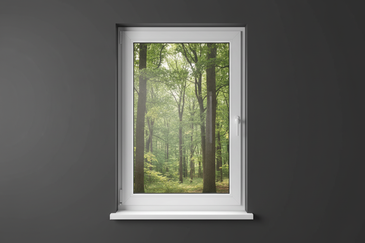 Crée une image d’une fenêtre 105 x 135, dans le même style que la photo fournie. La fenêtre blanche doit être intégrée dans un mur moderne, lisse et sombre, avec une vue sur une foret et poignée compris

La scène doit être photographiée de face, avec une perspective parfaitement droite, comme une photo d’architecture ou de produit.

La fenêtre doit avoir un cadre propre, moderne, et être bien mise en valeur par une lumière douce et naturelle. L’ambiance doit être premium, minimaliste et commerciale, blanche