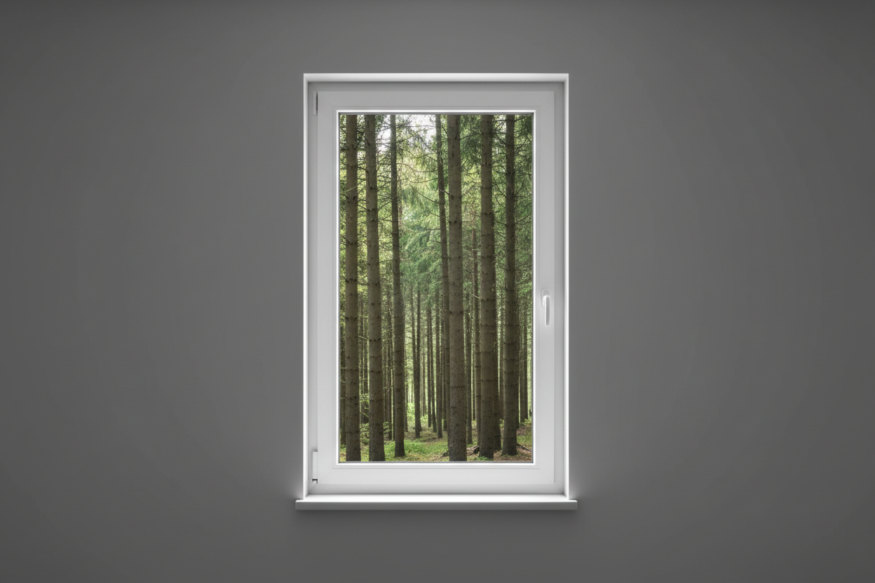 Crée une image d’une fenêtre 105 x 200, dans le même style que la photo fournie. La fenêtre blanche doit être intégrée dans un mur moderne, lisse et sombre, avec une vue sur une foret et poignée compris

La scène doit être photographiée de face, avec une perspective parfaitement droite, comme une photo d’architecture ou de produit.

La fenêtre doit avoir un cadre propre, moderne, et être bien mise en valeur par une lumière douce et naturelle. L’ambiance doit être premium, minimaliste et commerciale, blanche