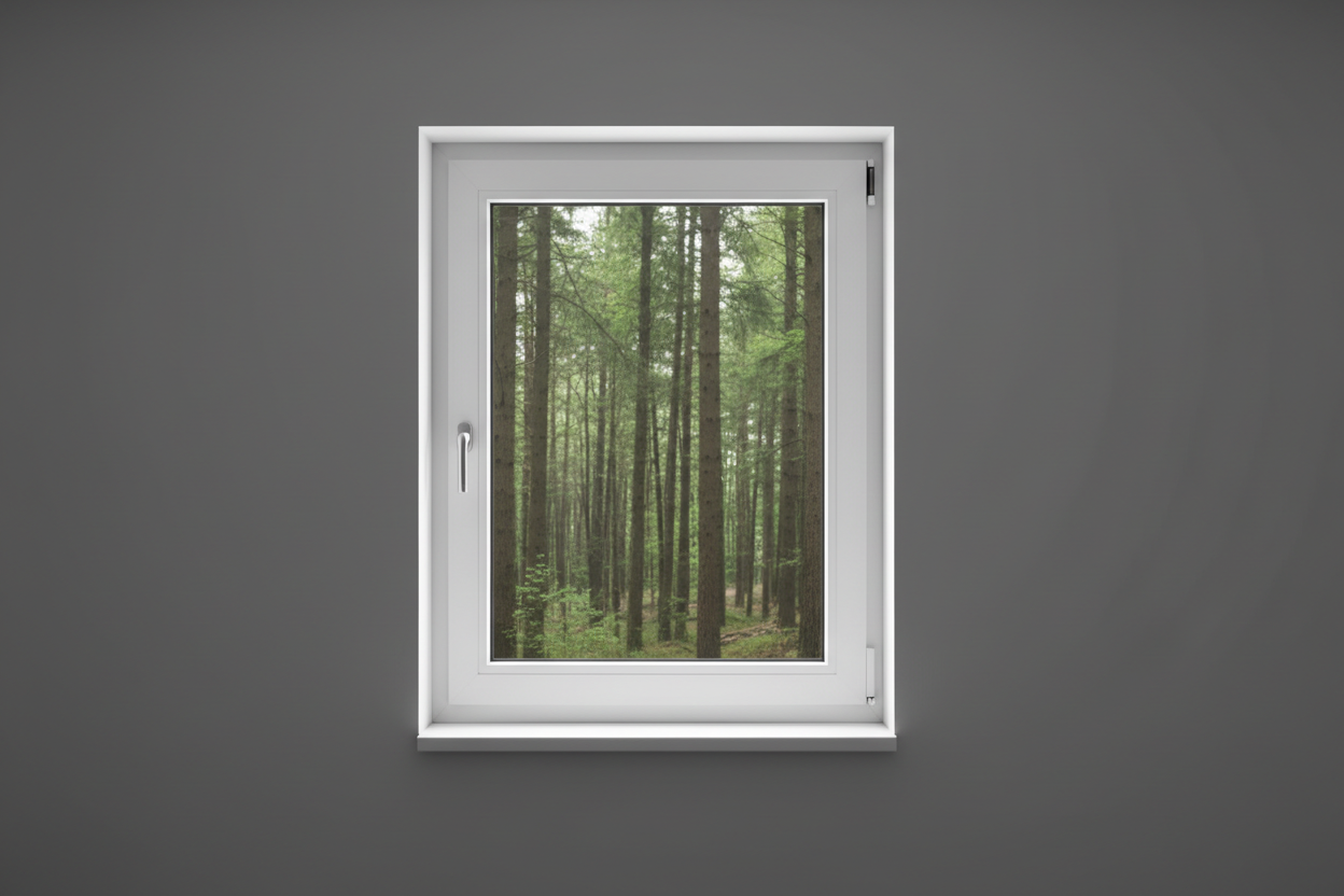 Crée une image d’une fenêtre 50 x 100, dans le même style que la photo fournie. La fenêtre blanche doit être intégrée dans un mur moderne, lisse et sombre, avec une vue sur une foret et poignée compris

La scène doit être photographiée de face, avec une perspective parfaitement droite, comme une photo d’architecture ou de produit.

La fenêtre doit avoir un cadre propre, moderne, et être bien mise en valeur par une lumière douce et naturelle. L’ambiance doit être premium, minimaliste et commerciale, blanche