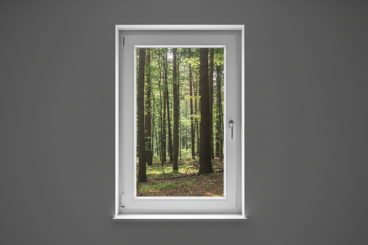 Crée une image d’une fenêtre 50 x 110, dans le même style que la photo fournie. La fenêtre blanche doit être intégrée dans un mur moderne, lisse et sombre, avec une vue sur une foret et poignée compris

La scène doit être photographiée de face, avec une perspective parfaitement droite, comme une photo d’architecture ou de produit.

La fenêtre doit avoir un cadre propre, moderne, et être bien mise en valeur par une lumière douce et naturelle. L’ambiance doit être premium, minimaliste et commerciale, blanche