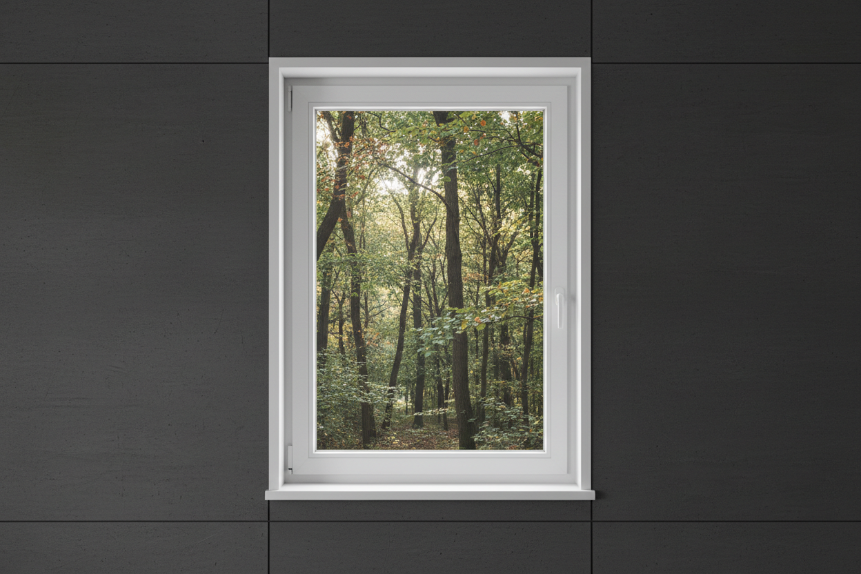 Crée une image d’une fenêtre 50 x 120, dans le même style que la photo fournie. La fenêtre blanche doit être intégrée dans un mur moderne, lisse et sombre, avec une vue sur une foret et poignée compris

La scène doit être photographiée de face, avec une perspective parfaitement droite, comme une photo d’architecture ou de produit.

La fenêtre doit avoir un cadre propre, moderne, et être bien mise en valeur par une lumière douce et naturelle. L’ambiance doit être premium, minimaliste et commerciale, blanche