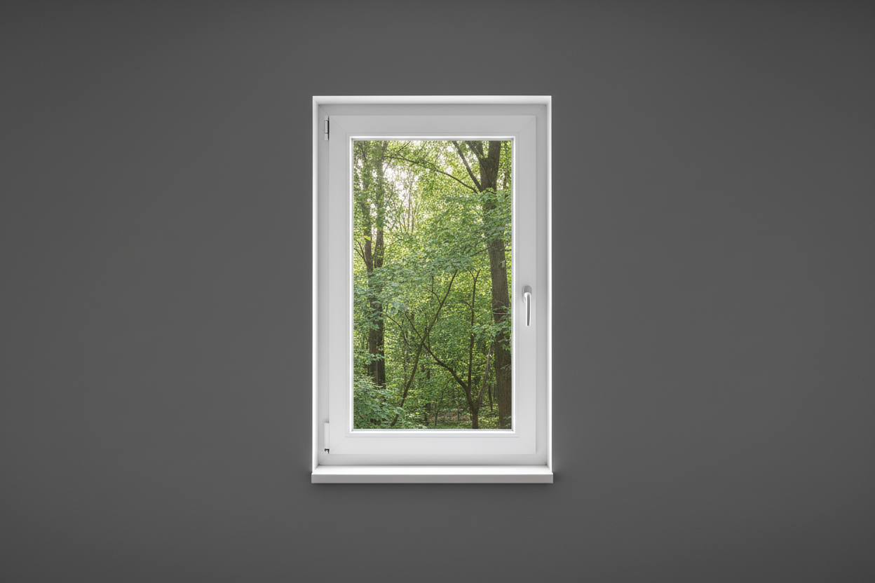 Crée une image d’une fenêtre 50 x 130, dans le même style que la photo fournie. La fenêtre blanche doit être intégrée dans un mur moderne, lisse et sombre, avec une vue sur une foret et poignée compris

La scène doit être photographiée de face, avec une perspective parfaitement droite, comme une photo d’architecture ou de produit.

La fenêtre doit avoir un cadre propre, moderne, et être bien mise en valeur par une lumière douce et naturelle. L’ambiance doit être premium, minimaliste et commerciale, blanche