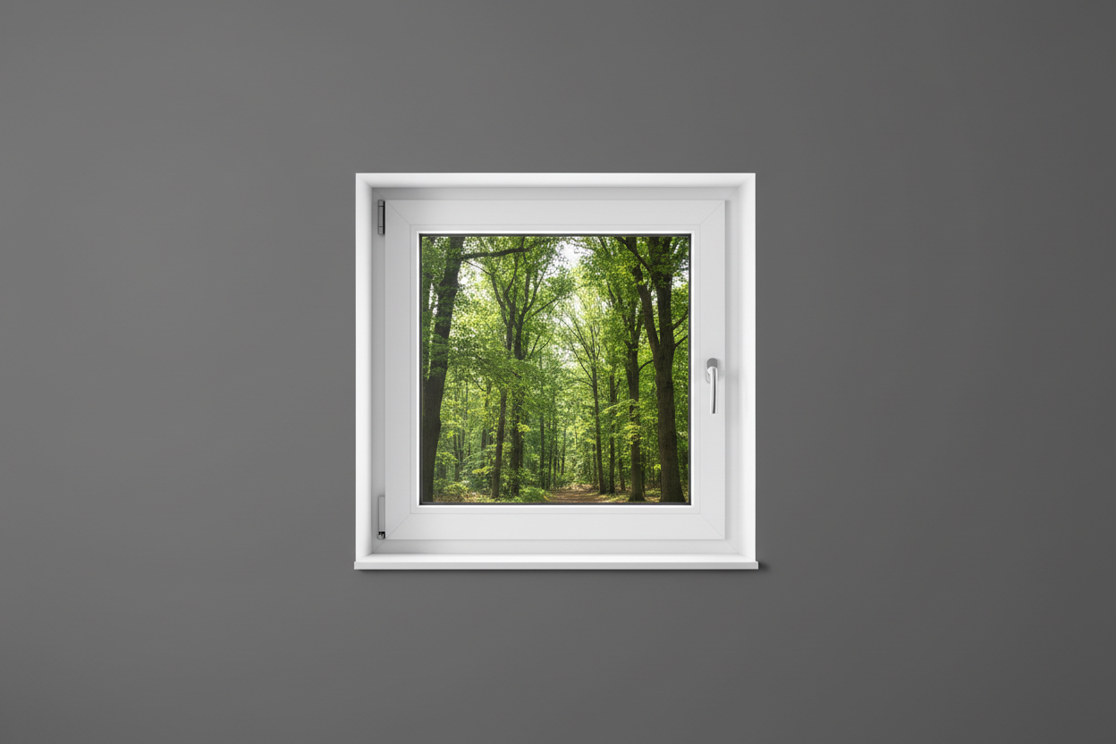 Crée une image d’une fenêtre 50 x 50, dans le même style que la photo fournie. La fenêtre blanche doit être intégrée dans un mur moderne, lisse et sombre, avec une vue sur une foret et poignée compris

La scène doit être photographiée de face, avec une perspective parfaitement droite, comme une photo d’architecture ou de produit.

La fenêtre doit avoir un cadre propre, moderne, et être bien mise en valeur par une lumière douce et naturelle. L’ambiance doit être premium, minimaliste et commerciale, blanche