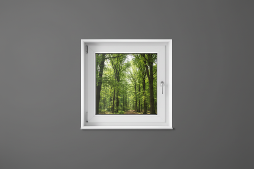 Crée une image d’une fenêtre 50 x 50, dans le même style que la photo fournie. La fenêtre blanche doit être intégrée dans un mur moderne, lisse et sombre, avec une vue sur une foret et poignée compris

La scène doit être photographiée de face, avec une perspective parfaitement droite, comme une photo d’architecture ou de produit.

La fenêtre doit avoir un cadre propre, moderne, et être bien mise en valeur par une lumière douce et naturelle. L’ambiance doit être premium, minimaliste et commerciale, blanche