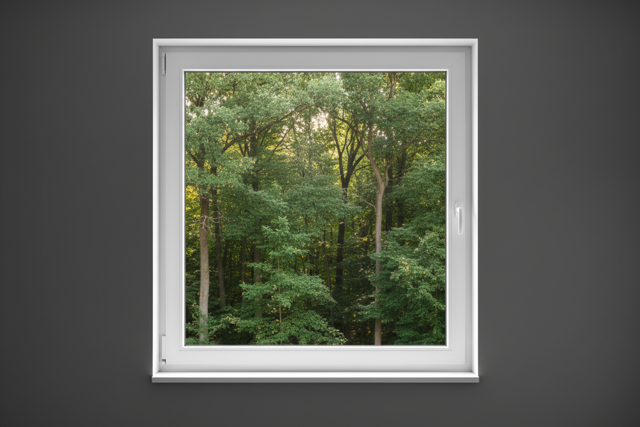 Crée une image d’une fenêtre 50 x 60, dans le même style que la photo fournie. La fenêtre blanche doit être intégrée dans un mur moderne, lisse et sombre, avec une vue sur une foret et poignée compris

La scène doit être photographiée de face, avec une perspective parfaitement droite, comme une photo d’architecture ou de produit.

La fenêtre doit avoir un cadre propre, moderne, et être bien mise en valeur par une lumière douce et naturelle. L’ambiance doit être premium, minimaliste et commerciale, blanche