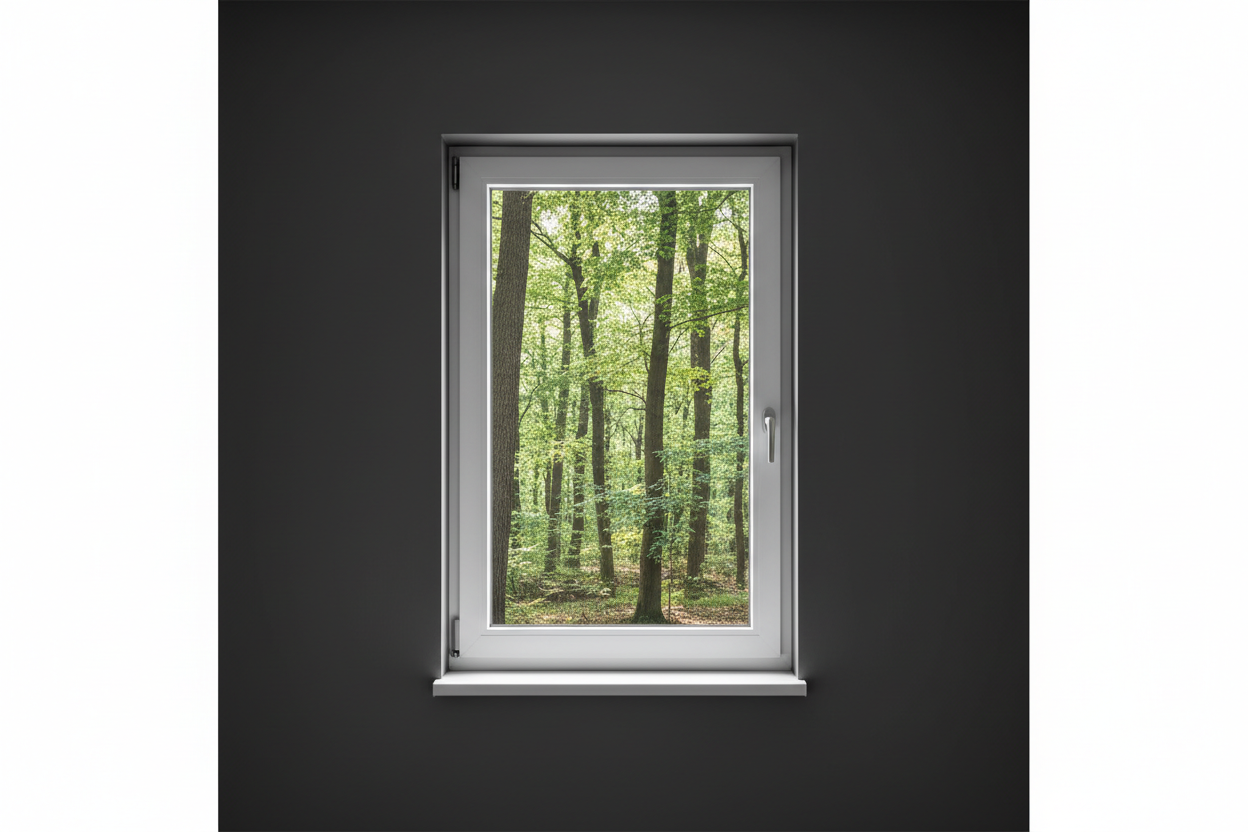 Crée une image d’une fenêtre 50 x 70, dans le même style que la photo fournie. La fenêtre blanche doit être intégrée dans un mur moderne, lisse et sombre, avec une vue sur une foret et poignée compris

La scène doit être photographiée de face, avec une perspective parfaitement droite, comme une photo d’architecture ou de produit.

La fenêtre doit avoir un cadre propre, moderne, et être bien mise en valeur par une lumière douce et naturelle. L’ambiance doit être premium, minimaliste et commerciale, blanche