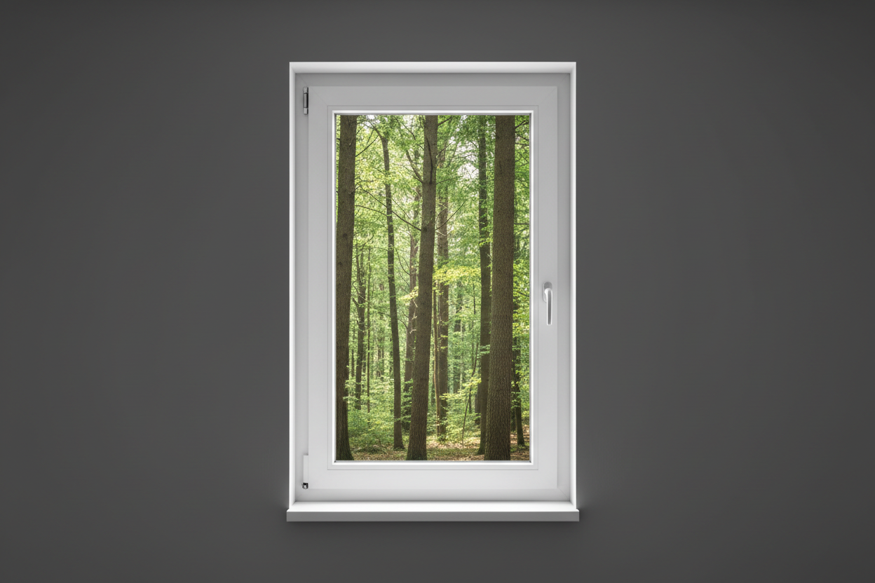 Crée une image d’une fenêtre 50 x 80, dans le même style que la photo fournie. La fenêtre blanche doit être intégrée dans un mur moderne, lisse et sombre, avec une vue sur une foret et poignée compris

La scène doit être photographiée de face, avec une perspective parfaitement droite, comme une photo d’architecture ou de produit.

La fenêtre doit avoir un cadre propre, moderne, et être bien mise en valeur par une lumière douce et naturelle. L’ambiance doit être premium, minimaliste et commerciale, blanche