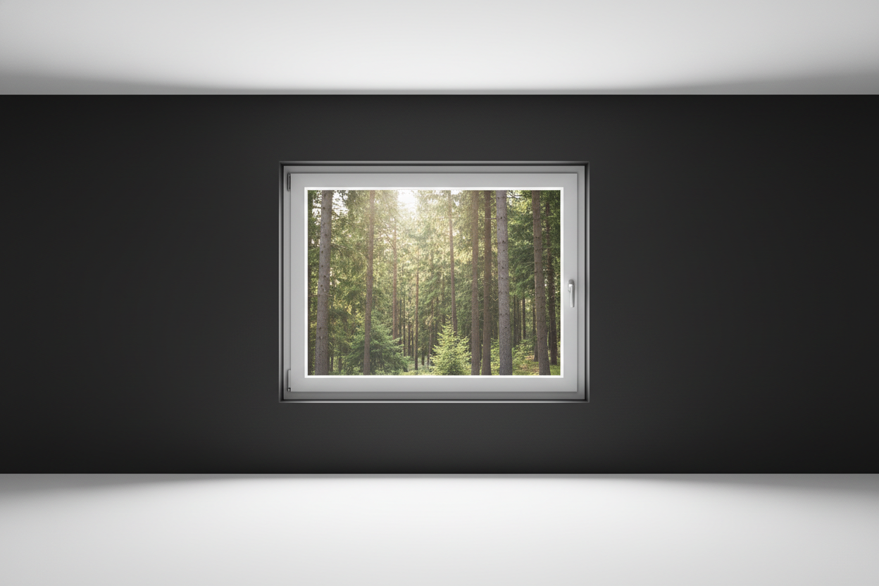 Crée une image d’une fenêtre 50 x 90, dans le même style que la photo fournie. La fenêtre blanche doit être intégrée dans un mur moderne, lisse et sombre, avec une vue sur une foret et poignée compris

La scène doit être photographiée de face, avec une perspective parfaitement droite, comme une photo d’architecture ou de produit.

La fenêtre doit avoir un cadre propre, moderne, et être bien mise en valeur par une lumière douce et naturelle. L’ambiance doit être premium, minimaliste et commerciale, blanche