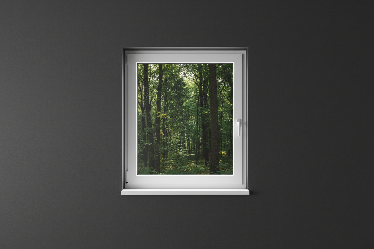 Crée une image d’une fenêtre 60 x 100, dans le même style que la photo fournie. La fenêtre blanche doit être intégrée dans un mur moderne, lisse et sombre, avec une vue sur une foret et poignée compris

La scène doit être photographiée de face, avec une perspective parfaitement droite, comme une photo d’architecture ou de produit.

La fenêtre doit avoir un cadre propre, moderne, et être bien mise en valeur par une lumière douce et naturelle. L’ambiance doit être premium, minimaliste et commerciale, blanche