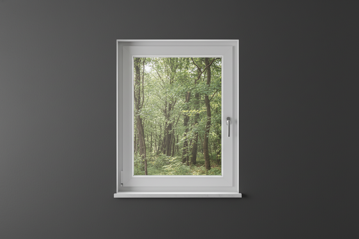 Crée une image d’une fenêtre 60 x 110, dans le même style que la photo fournie. La fenêtre blanche doit être intégrée dans un mur moderne, lisse et sombre, avec une vue sur une foret et poignée compris

La scène doit être photographiée de face, avec une perspective parfaitement droite, comme une photo d’architecture ou de produit.

La fenêtre doit avoir un cadre propre, moderne, et être bien mise en valeur par une lumière douce et naturelle. L’ambiance doit être premium, minimaliste et commerciale, blanche