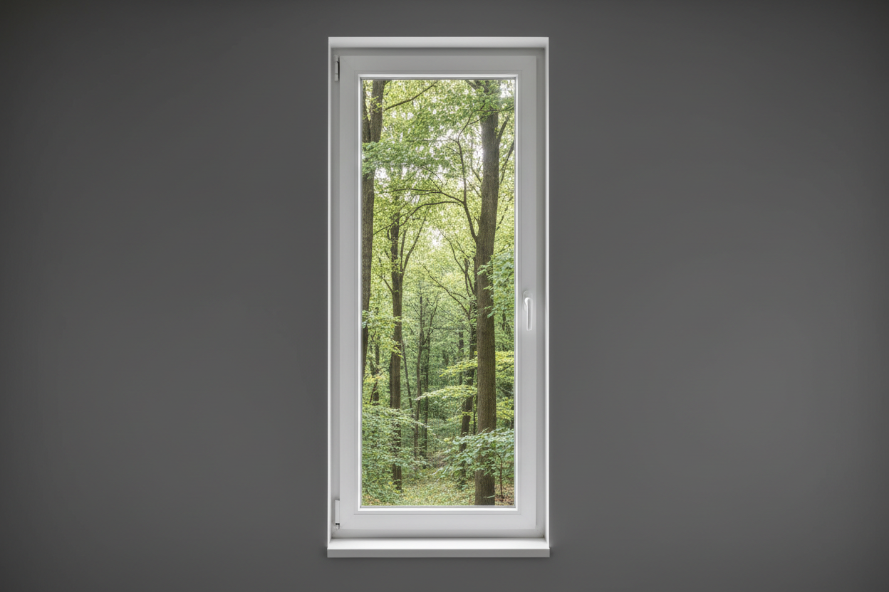 Crée une image d’une fenêtre 60 x 120, dans le même style que la photo fournie. La fenêtre blanche doit être intégrée dans un mur moderne, lisse et sombre, avec une vue sur une foret et poignée compris

La scène doit être photographiée de face, avec une perspective parfaitement droite, comme une photo d’architecture ou de produit.

La fenêtre doit avoir un cadre propre, moderne, et être bien mise en valeur par une lumière douce et naturelle. L’ambiance doit être premium, minimaliste et commerciale, blanche