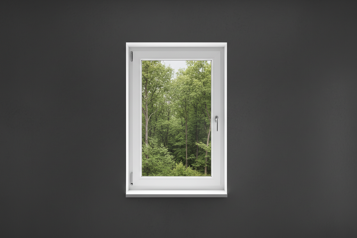 Crée une image d’une fenêtre 60 x 130, dans le même style que la photo fournie. La fenêtre blanche doit être intégrée dans un mur moderne, lisse et sombre, avec une vue sur une foret et poignée compris

La scène doit être photographiée de face, avec une perspective parfaitement droite, comme une photo d’architecture ou de produit.

La fenêtre doit avoir un cadre propre, moderne, et être bien mise en valeur par une lumière douce et naturelle. L’ambiance doit être premium, minimaliste et commerciale, blanche