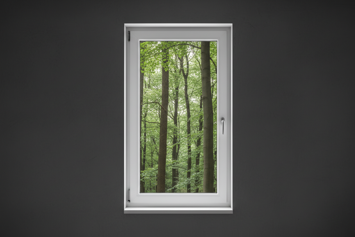 Crée une image d’une fenêtre 60 x 140, dans le même style que la photo fournie. La fenêtre blanche doit être intégrée dans un mur moderne, lisse et sombre, avec une vue sur une foret et poignée compris

La scène doit être photographiée de face, avec une perspective parfaitement droite, comme une photo d’architecture ou de produit.

La fenêtre doit avoir un cadre propre, moderne, et être bien mise en valeur par une lumière douce et naturelle. L’ambiance doit être premium, minimaliste et commerciale, blanche