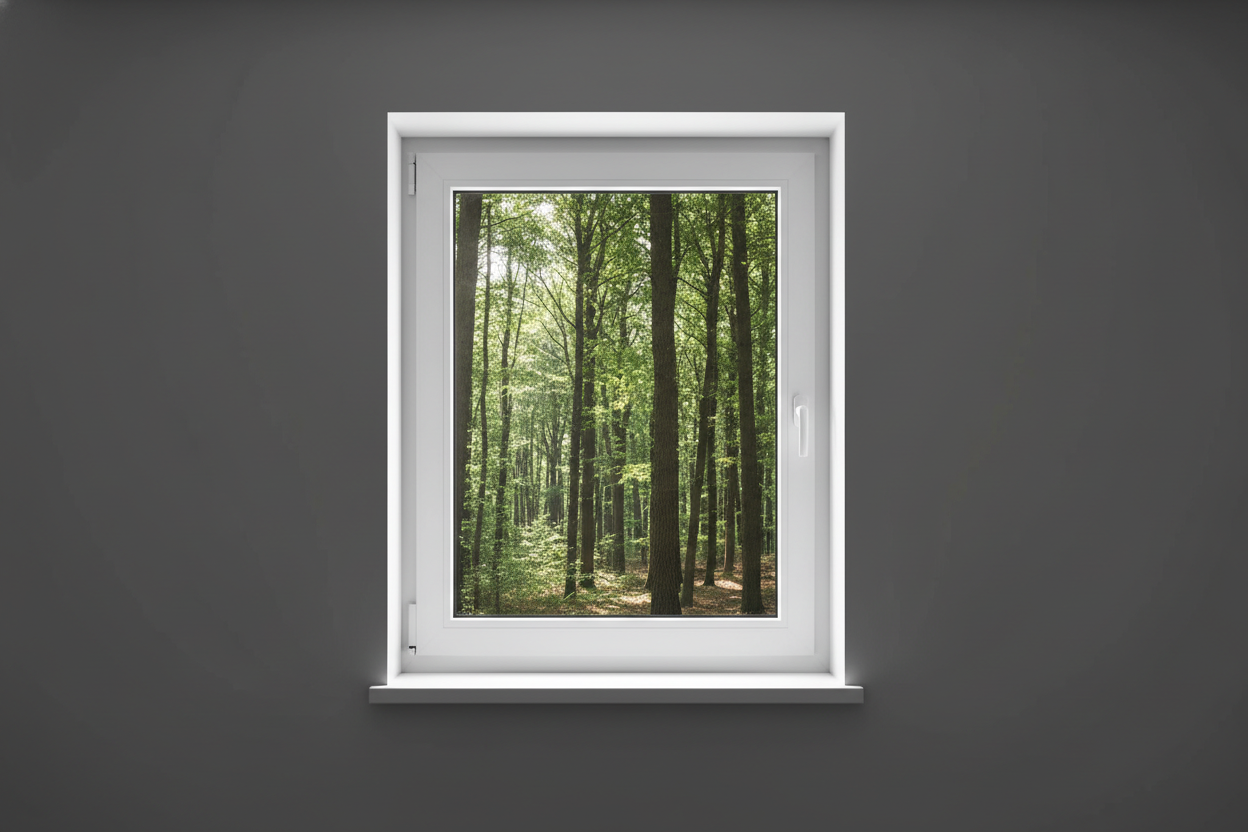 Crée une image d’une fenêtre 60 x 50, dans le même style que la photo fournie. La fenêtre blanche doit être intégrée dans un mur moderne, lisse et sombre, avec une vue sur une foret et poignée compris

La scène doit être photographiée de face, avec une perspective parfaitement droite, comme une photo d’architecture ou de produit.

La fenêtre doit avoir un cadre propre, moderne, et être bien mise en valeur par une lumière douce et naturelle. L’ambiance doit être premium, minimaliste et commerciale, blanche