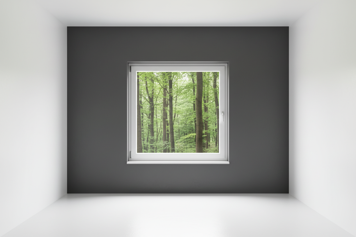 Crée une image d’une fenêtre 60 x 60, dans le même style que la photo fournie. La fenêtre blanche doit être intégrée dans un mur moderne, lisse et sombre, avec une vue sur une foret et poignée compris

La scène doit être photographiée de face, avec une perspective parfaitement droite, comme une photo d’architecture ou de produit.

La fenêtre doit avoir un cadre propre, moderne, et être bien mise en valeur par une lumière douce et naturelle. L’ambiance doit être premium, minimaliste et commerciale, blanche