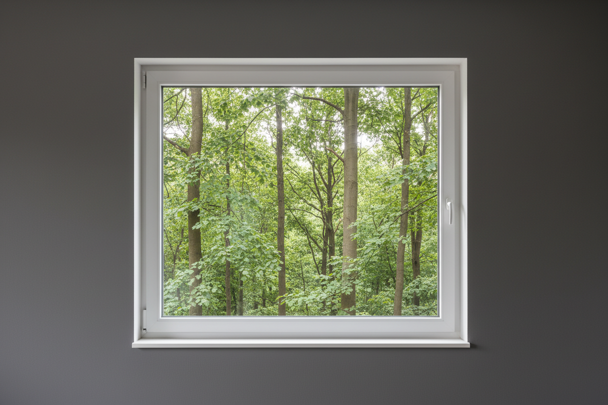 Crée une image d’une fenêtre 60 x 80, dans le même style que la photo fournie. La fenêtre blanche doit être intégrée dans un mur moderne, lisse et sombre, avec une vue sur une foret et poignée compris

La scène doit être photographiée de face, avec une perspective parfaitement droite, comme une photo d’architecture ou de produit.

La fenêtre doit avoir un cadre propre, moderne, et être bien mise en valeur par une lumière douce et naturelle. L’ambiance doit être premium, minimaliste et commerciale, blanche