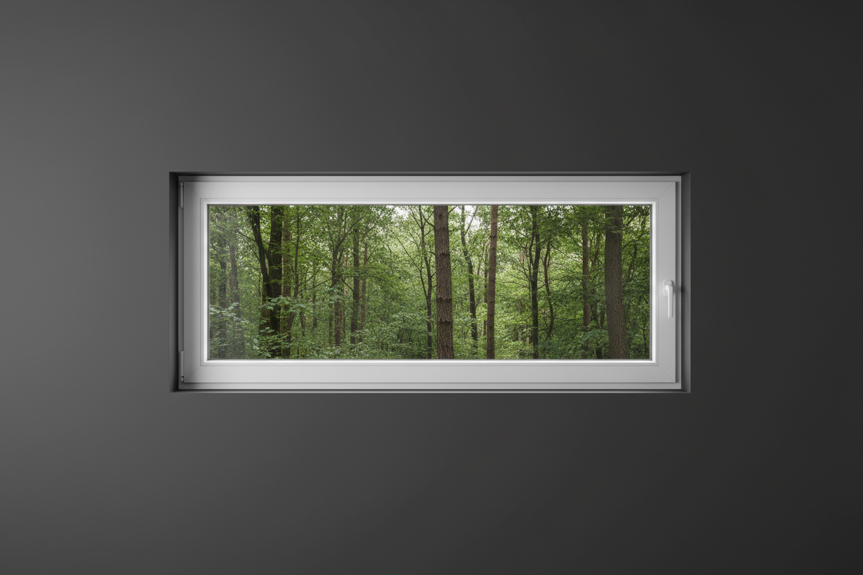 Crée une image d’une fenêtre 60 x 90, dans le même style que la photo fournie. La fenêtre blanche doit être intégrée dans un mur moderne, lisse et sombre, avec une vue sur une foret et poignée compris

La scène doit être photographiée de face, avec une perspective parfaitement droite, comme une photo d’architecture ou de produit.

La fenêtre doit avoir un cadre propre, moderne, et être bien mise en valeur par une lumière douce et naturelle. L’ambiance doit être premium, minimaliste et commerciale, blanche