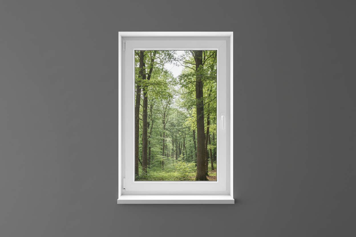 Crée une image d’une fenêtre 70 x 120, dans le même style que la photo fournie. La fenêtre blanche doit être intégrée dans un mur moderne, lisse et sombre, avec une vue sur une foret et poignée compris

La scène doit être photographiée de face, avec une perspective parfaitement droite, comme une photo d’architecture ou de produit.

La fenêtre doit avoir un cadre propre, moderne, et être bien mise en valeur par une lumière douce et naturelle. L’ambiance doit être premium, minimaliste et commerciale, blanche