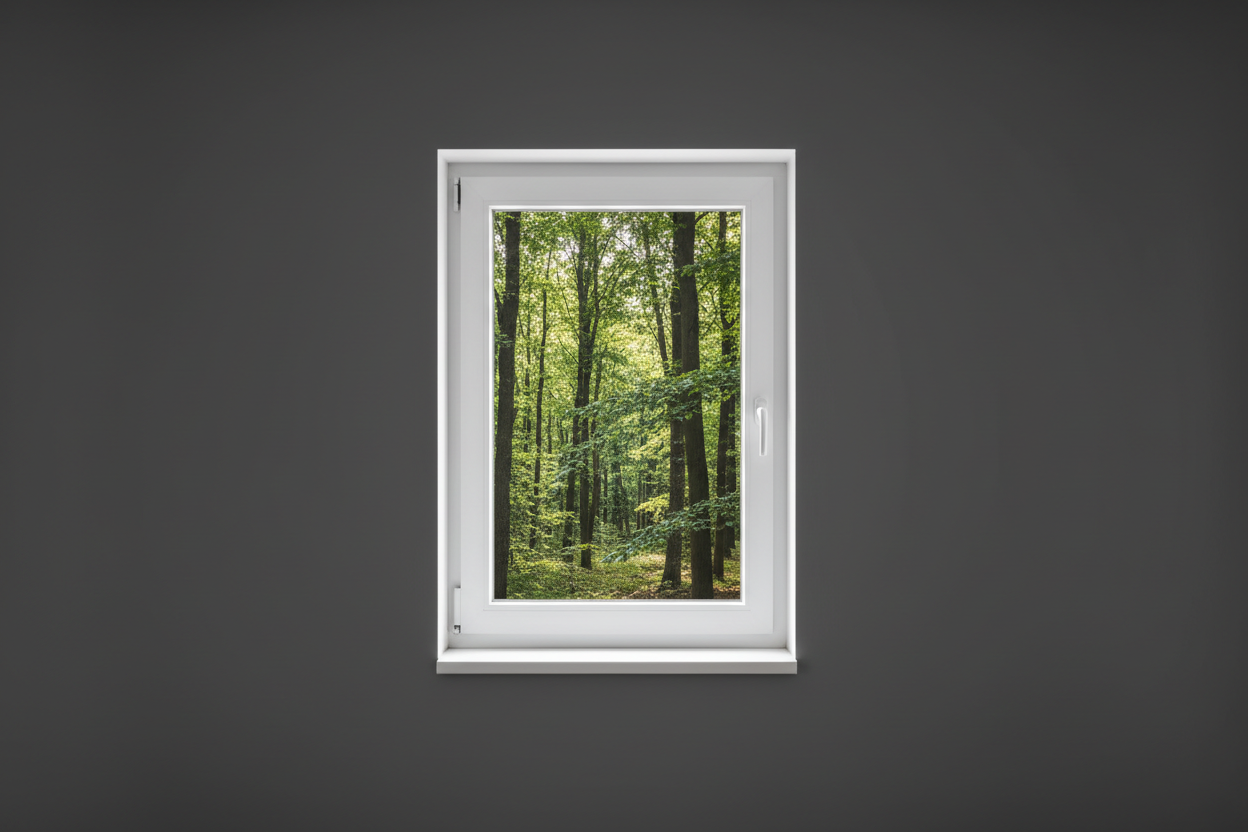 Crée une image d’une fenêtre 70 x 130, dans le même style que la photo fournie. La fenêtre blanche doit être intégrée dans un mur moderne, lisse et sombre, avec une vue sur une foret et poignée compris

La scène doit être photographiée de face, avec une perspective parfaitement droite, comme une photo d’architecture ou de produit.

La fenêtre doit avoir un cadre propre, moderne, et être bien mise en valeur par une lumière douce et naturelle. L’ambiance doit être premium, minimaliste et commerciale, blanche