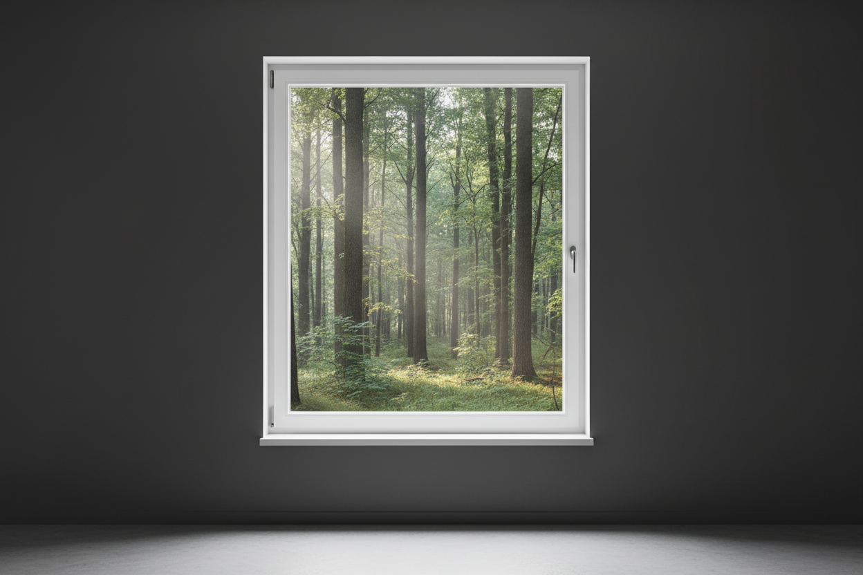 Crée une image d’une fenêtre 70 x 140, dans le même style que la photo fournie. La fenêtre blanche doit être intégrée dans un mur moderne, lisse et sombre, avec une vue sur une foret et poignée compris

La scène doit être photographiée de face, avec une perspective parfaitement droite, comme une photo d’architecture ou de produit.

La fenêtre doit avoir un cadre propre, moderne, et être bien mise en valeur par une lumière douce et naturelle. L’ambiance doit être premium, minimaliste et commerciale, blanche