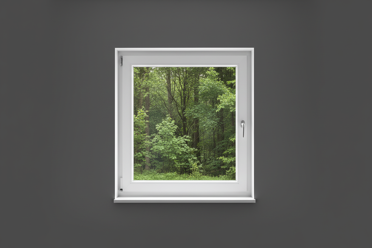 Crée une image d’une fenêtre 70 x 50, dans le même style que la photo fournie. La fenêtre blanche doit être intégrée dans un mur moderne, lisse et sombre, avec une vue sur une foret et poignée compris

La scène doit être photographiée de face, avec une perspective parfaitement droite, comme une photo d’architecture ou de produit.

La fenêtre doit avoir un cadre propre, moderne, et être bien mise en valeur par une lumière douce et naturelle. L’ambiance doit être premium, minimaliste et commerciale, blanche