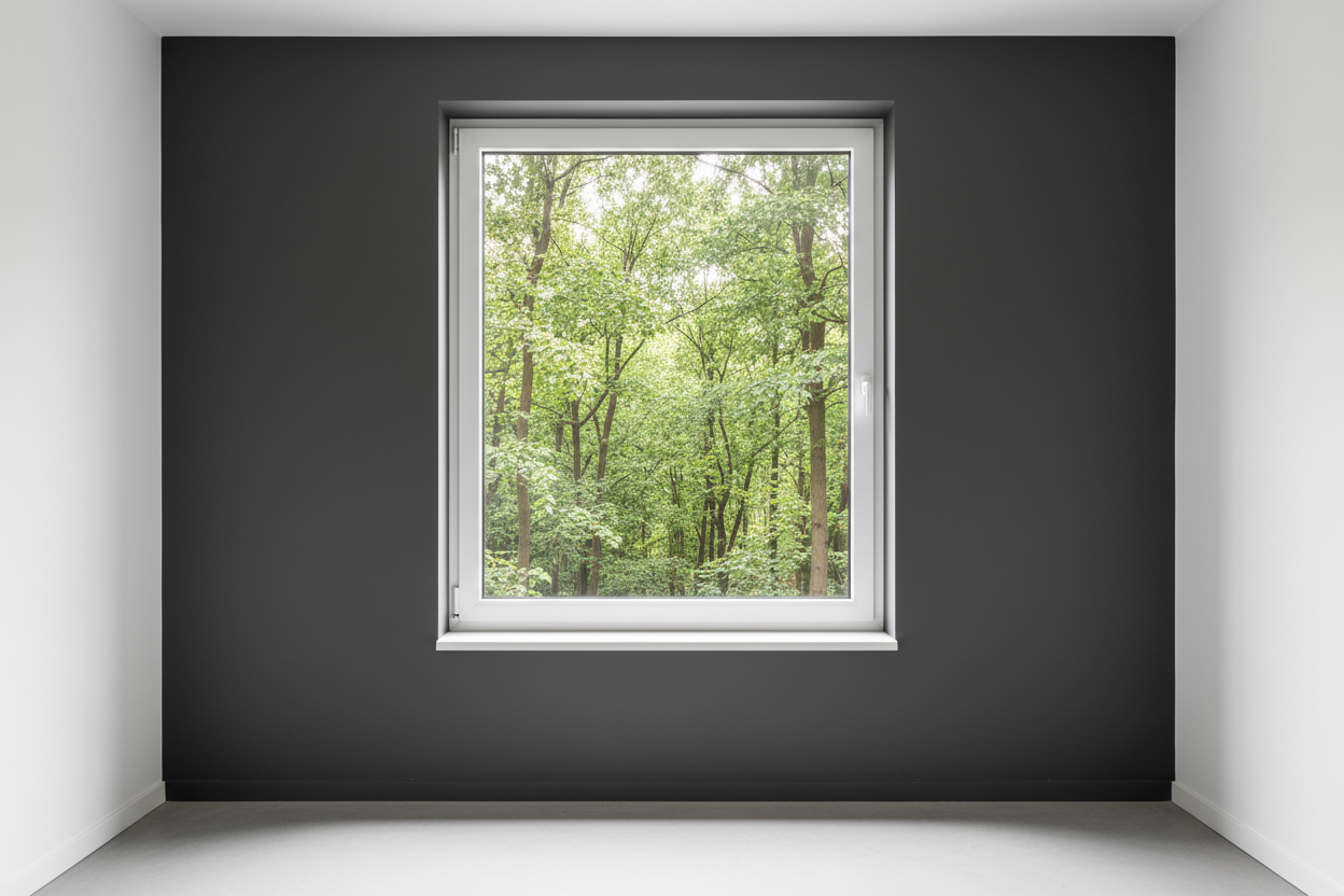 Crée une image d’une fenêtre 70 x 60, dans le même style que la photo fournie. La fenêtre blanche doit être intégrée dans un mur moderne, lisse et sombre, avec une vue sur une foret et poignée compris

La scène doit être photographiée de face, avec une perspective parfaitement droite, comme une photo d’architecture ou de produit.

La fenêtre doit avoir un cadre propre, moderne, et être bien mise en valeur par une lumière douce et naturelle. L’ambiance doit être premium, minimaliste et commerciale, blanche