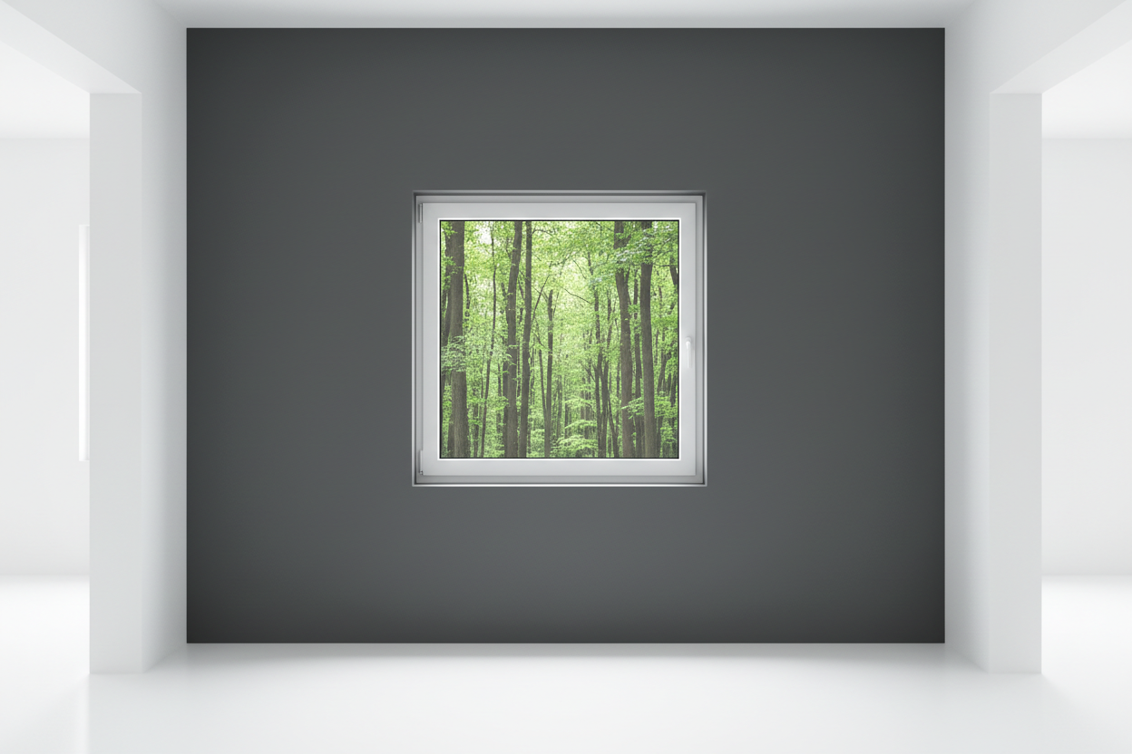 Crée une image d’une fenêtre 70 x 70, dans le même style que la photo fournie. La fenêtre blanche doit être intégrée dans un mur moderne, lisse et sombre, avec une vue sur une foret et poignée compris

La scène doit être photographiée de face, avec une perspective parfaitement droite, comme une photo d’architecture ou de produit.

La fenêtre doit avoir un cadre propre, moderne, et être bien mise en valeur par une lumière douce et naturelle. L’ambiance doit être premium, minimaliste et commerciale, blanche