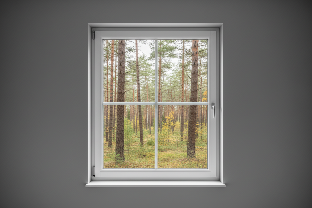 Crée une image d’une fenêtre 70 x 80, dans le même style que la photo fournie. La fenêtre blanche doit être intégrée dans un mur moderne, lisse et sombre, avec une vue sur une foret et poignée compris

La scène doit être photographiée de face, avec une perspective parfaitement droite, comme une photo d’architecture ou de produit.

La fenêtre doit avoir un cadre propre, moderne, et être bien mise en valeur par une lumière douce et naturelle. L’ambiance doit être premium, minimaliste et commerciale, blanche