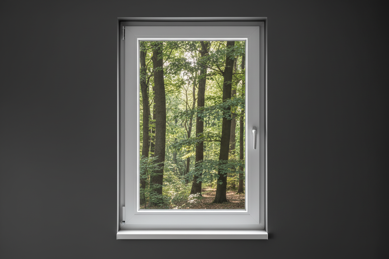 Crée une image d’une fenêtre 70 x 90, dans le même style que la photo fournie. La fenêtre blanche doit être intégrée dans un mur moderne, lisse et sombre, avec une vue sur une foret et poignée compris

La scène doit être photographiée de face, avec une perspective parfaitement droite, comme une photo d’architecture ou de produit.

La fenêtre doit avoir un cadre propre, moderne, et être bien mise en valeur par une lumière douce et naturelle. L’ambiance doit être premium, minimaliste et commerciale, blanche