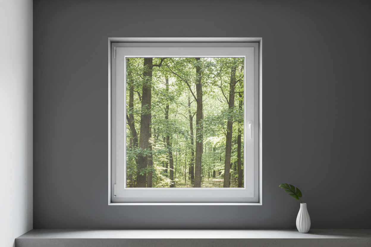 Crée une image d’une fenêtre 75 x 75, dans le même style que la photo fournie. La fenêtre blanche doit être intégrée dans un mur moderne, lisse et sombre, avec une vue sur une foret et poignée compris

La scène doit être photographiée de face, avec une perspective parfaitement droite, comme une photo d’architecture ou de produit.

La fenêtre doit avoir un cadre propre, moderne, et être bien mise en valeur par une lumière douce et naturelle. L’ambiance doit être premium, minimaliste et commerciale, blanche
