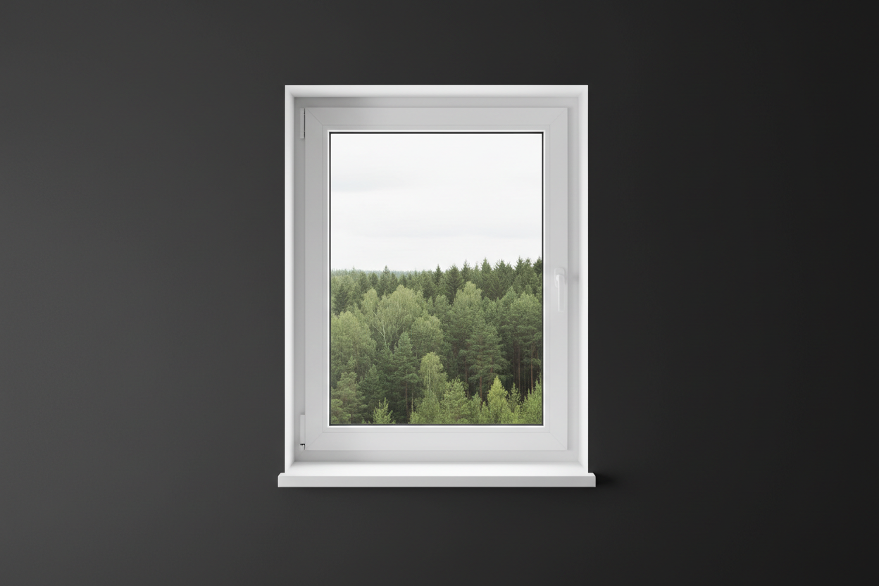 Crée une image d’une fenêtre 80 x 100, dans le même style que la photo fournie. La fenêtre blanche doit être intégrée dans un mur moderne, lisse et sombre, avec une vue sur une foret et poignée compris

La scène doit être photographiée de face, avec une perspective parfaitement droite, comme une photo d’architecture ou de produit.

La fenêtre doit avoir un cadre propre, moderne, et être bien mise en valeur par une lumière douce et naturelle. L’ambiance doit être premium, minimaliste et commerciale, blanche