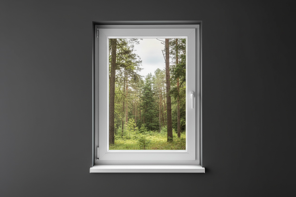 Crée une image d’une fenêtre 80 x 110, dans le même style que la photo fournie. La fenêtre blanche doit être intégrée dans un mur moderne, lisse et sombre, avec une vue sur une foret et poignée compris

La scène doit être photographiée de face, avec une perspective parfaitement droite, comme une photo d’architecture ou de produit.

La fenêtre doit avoir un cadre propre, moderne, et être bien mise en valeur par une lumière douce et naturelle. L’ambiance doit être premium, minimaliste et commerciale, blanche