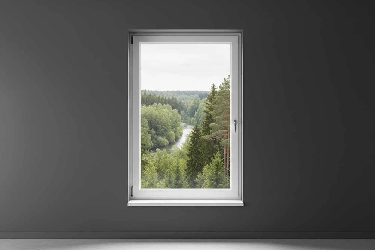 Crée une image d’une fenêtre 80 x 120, dans le même style que la photo fournie. La fenêtre blanche doit être intégrée dans un mur moderne, lisse et sombre, avec une vue sur une foret et poignée compris

La scène doit être photographiée de face, avec une perspective parfaitement droite, comme une photo d’architecture ou de produit.

La fenêtre doit avoir un cadre propre, moderne, et être bien mise en valeur par une lumière douce et naturelle. L’ambiance doit être premium, minimaliste et commerciale, blanche