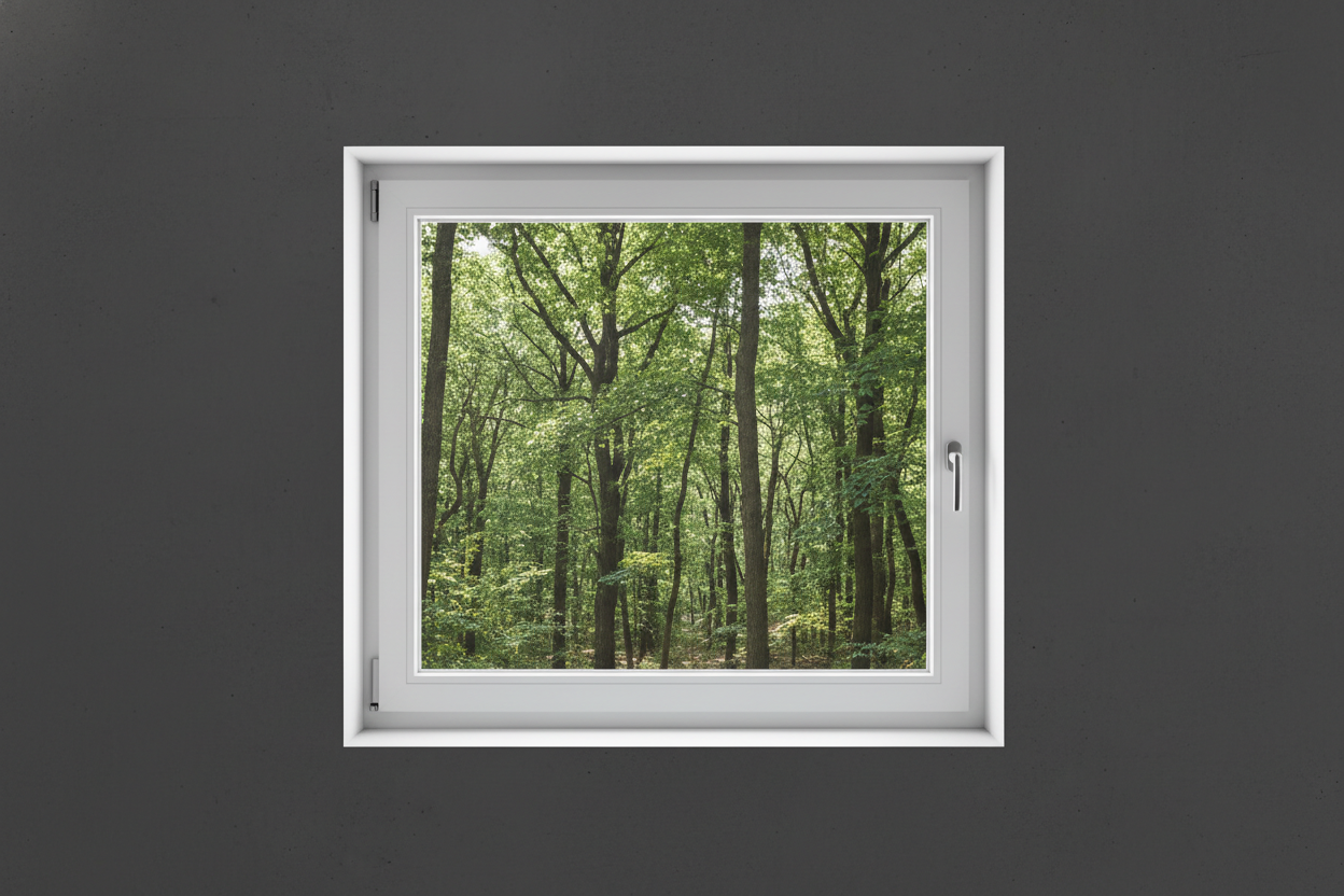 Crée une image d’une fenêtre 80 x 130, dans le même style que la photo fournie. La fenêtre blanche doit être intégrée dans un mur moderne, lisse et sombre, avec une vue sur une foret et poignée compris

La scène doit être photographiée de face, avec une perspective parfaitement droite, comme une photo d’architecture ou de produit.

La fenêtre doit avoir un cadre propre, moderne, et être bien mise en valeur par une lumière douce et naturelle. L’ambiance doit être premium, minimaliste et commerciale, blanche