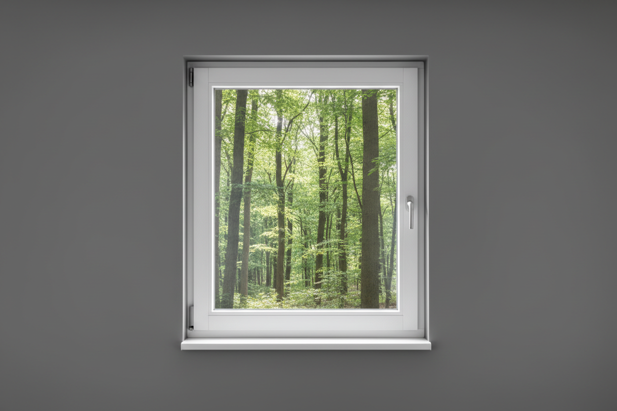 Crée une image d’une fenêtre 80 x 50, dans le même style que la photo fournie. La fenêtre blanche doit être intégrée dans un mur moderne, lisse et sombre, avec une vue sur une foret et poignée compris

La scène doit être photographiée de face, avec une perspective parfaitement droite, comme une photo d’architecture ou de produit.

La fenêtre doit avoir un cadre propre, moderne, et être bien mise en valeur par une lumière douce et naturelle. L’ambiance doit être premium, minimaliste et commerciale, blanche