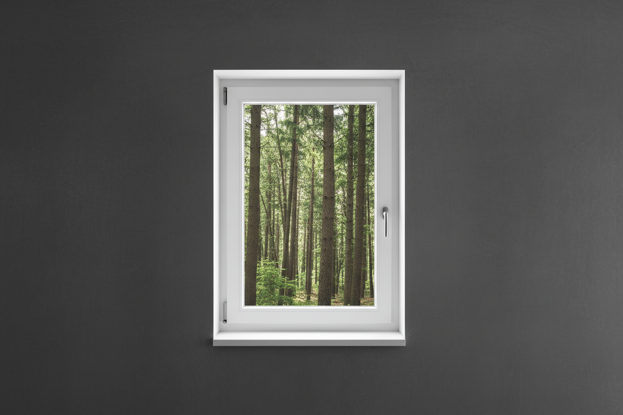 Crée une image d’une fenêtre 80 x 60, dans le même style que la photo fournie. La fenêtre blanche doit être intégrée dans un mur moderne, lisse et sombre, avec une vue sur une foret et poignée compris

La scène doit être photographiée de face, avec une perspective parfaitement droite, comme une photo d’architecture ou de produit.

La fenêtre doit avoir un cadre propre, moderne, et être bien mise en valeur par une lumière douce et naturelle. L’ambiance doit être premium, minimaliste et commerciale, blanche