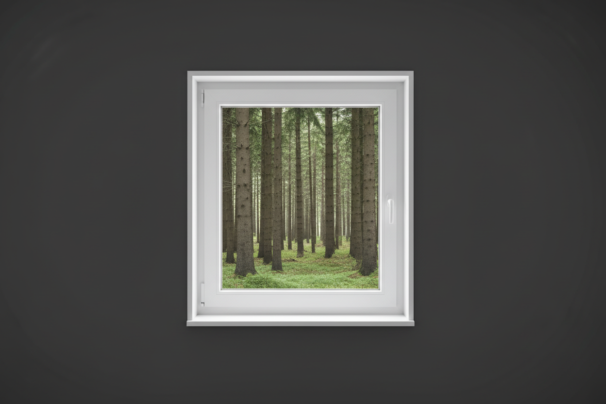Crée une image d’une fenêtre 80 x 70, dans le même style que la photo fournie. La fenêtre blanche doit être intégrée dans un mur moderne, lisse et sombre, avec une vue sur une foret et poignée compris

La scène doit être photographiée de face, avec une perspective parfaitement droite, comme une photo d’architecture ou de produit.

La fenêtre doit avoir un cadre propre, moderne, et être bien mise en valeur par une lumière douce et naturelle. L’ambiance doit être premium, minimaliste et commerciale, blanche
