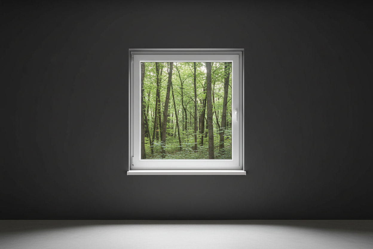 Crée une image d’une fenêtre 80 x 80, dans le même style que la photo fournie. La fenêtre blanche doit être intégrée dans un mur moderne, lisse et sombre, avec une vue sur une foret et poignée compris

La scène doit être photographiée de face, avec une perspective parfaitement droite, comme une photo d’architecture ou de produit.

La fenêtre doit avoir un cadre propre, moderne, et être bien mise en valeur par une lumière douce et naturelle. L’ambiance doit être premium, minimaliste et commerciale, blanche