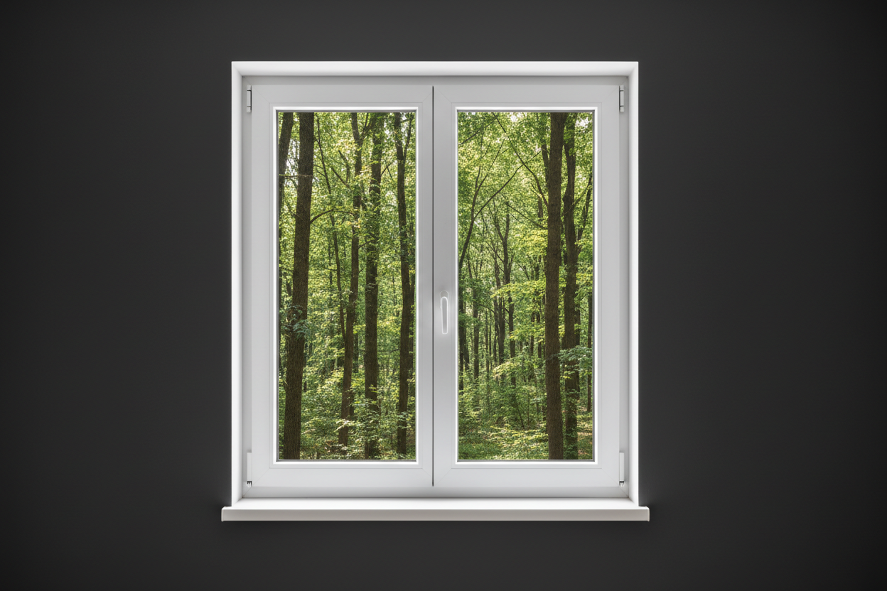 Crée une image d’une fenêtre 80 x 90, dans le même style que la photo fournie. La fenêtre blanche doit être intégrée dans un mur moderne, lisse et sombre, avec une vue sur une foret et poignée compris

La scène doit être photographiée de face, avec une perspective parfaitement droite, comme une photo d’architecture ou de produit.

La fenêtre doit avoir un cadre propre, moderne, et être bien mise en valeur par une lumière douce et naturelle. L’ambiance doit être premium, minimaliste et commerciale, blanche