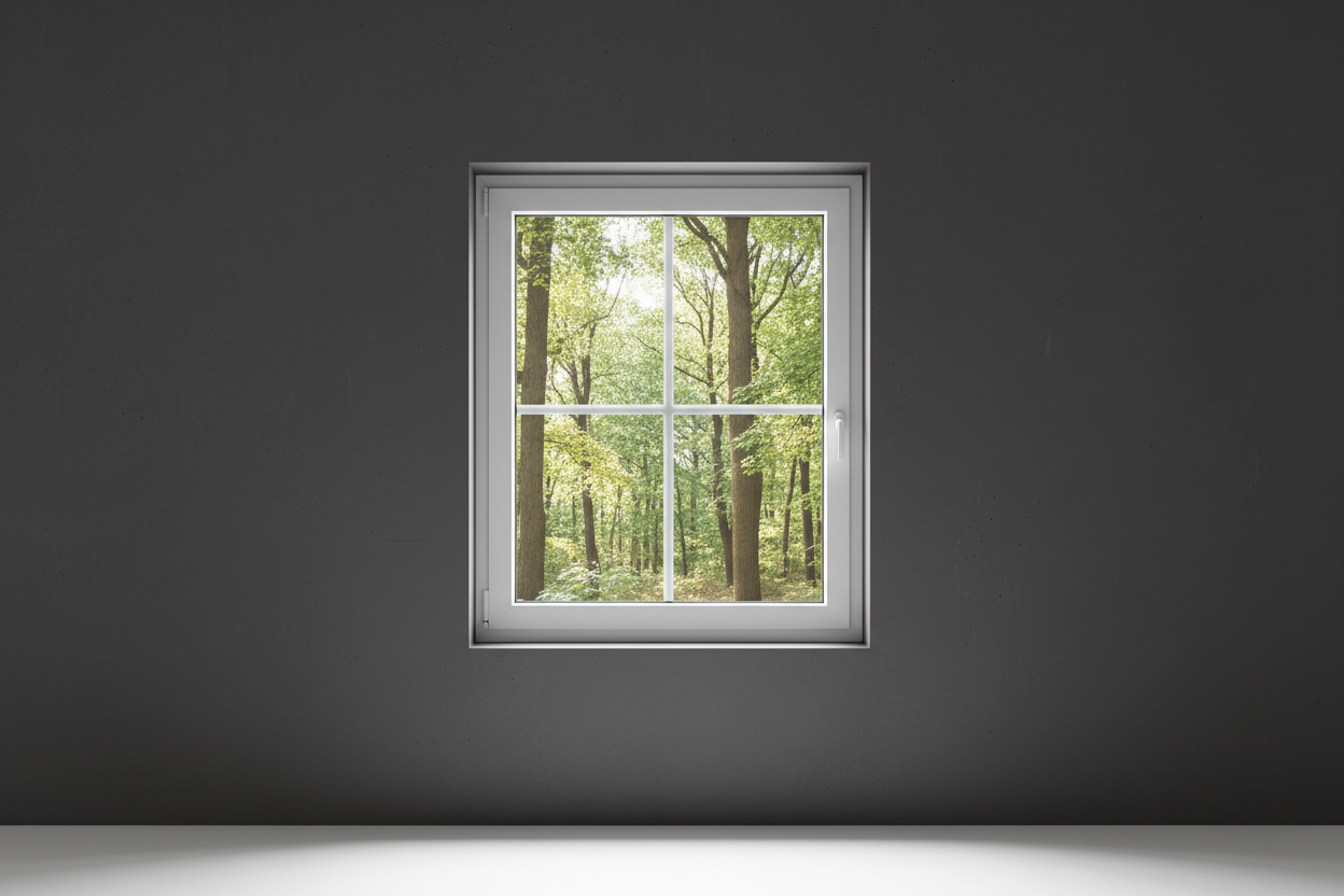 Crée une image d’une fenêtre 90 x 100, dans le même style que la photo fournie. La fenêtre blanche doit être intégrée dans un mur moderne, lisse et sombre, avec une vue sur une foret et poignée compris

La scène doit être photographiée de face, avec une perspective parfaitement droite, comme une photo d’architecture ou de produit.

La fenêtre doit avoir un cadre propre, moderne, et être bien mise en valeur par une lumière douce et naturelle. L’ambiance doit être premium, minimaliste et commerciale, blanche