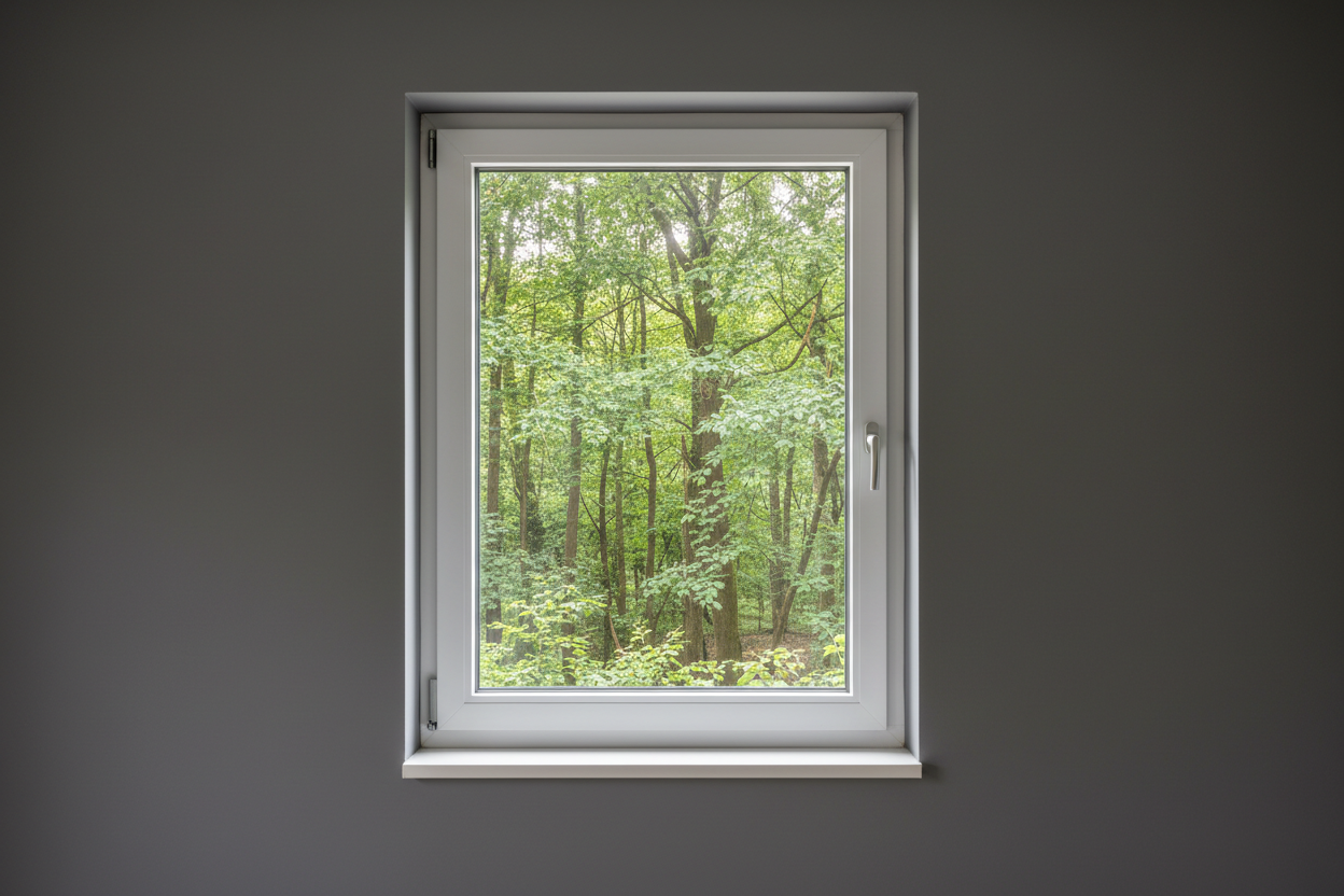 Crée une image d’une fenêtre 90 x 120, dans le même style que la photo fournie. La fenêtre blanche doit être intégrée dans un mur moderne, lisse et sombre, avec une vue sur une foret et poignée compris

La scène doit être photographiée de face, avec une perspective parfaitement droite, comme une photo d’architecture ou de produit.

La fenêtre doit avoir un cadre propre, moderne, et être bien mise en valeur par une lumière douce et naturelle. L’ambiance doit être premium, minimaliste et commerciale, blanche