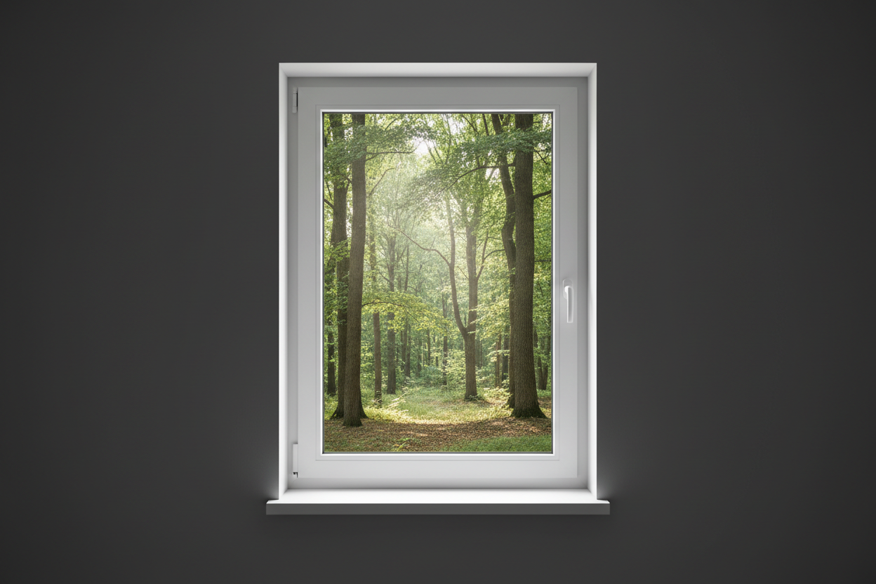 Crée une image d’une fenêtre 90 x 130, dans le même style que la photo fournie. La fenêtre blanche doit être intégrée dans un mur moderne, lisse et sombre, avec une vue sur une foret et poignée compris

La scène doit être photographiée de face, avec une perspective parfaitement droite, comme une photo d’architecture ou de produit.

La fenêtre doit avoir un cadre propre, moderne, et être bien mise en valeur par une lumière douce et naturelle. L’ambiance doit être premium, minimaliste et commerciale, blanche